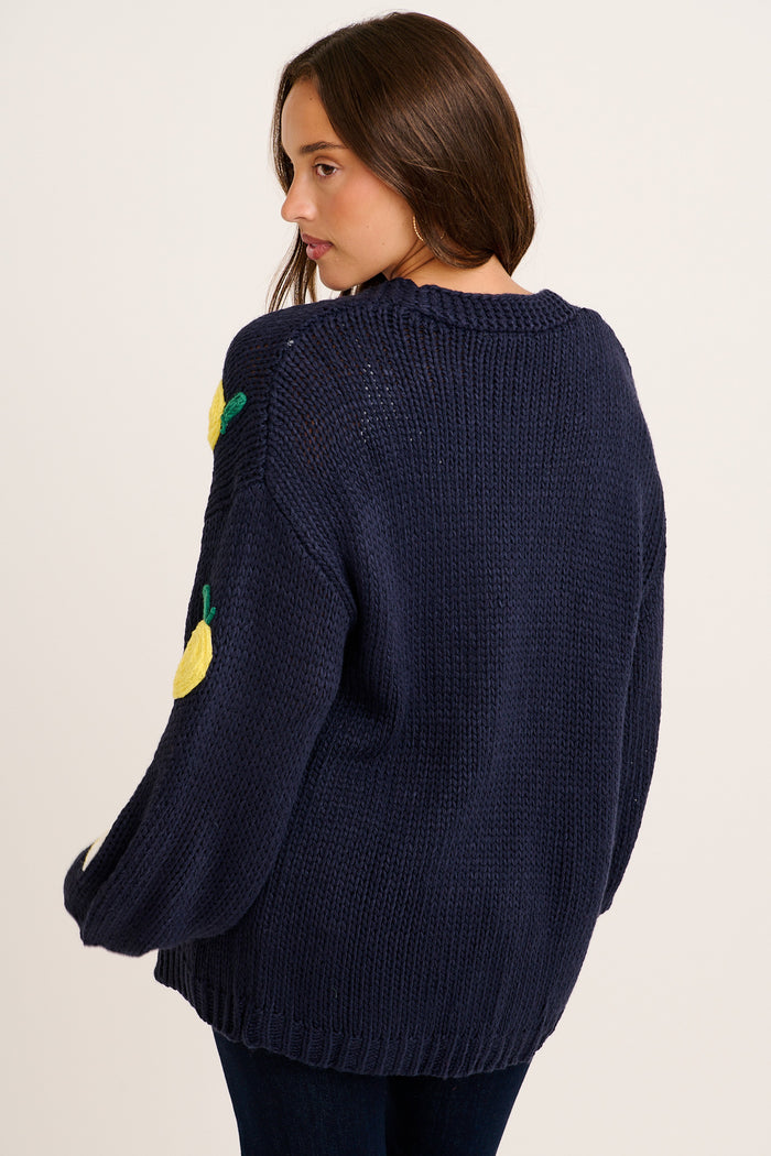 Limoni Knit Cardigan in Navy with Lemon back