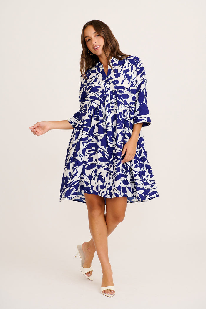 Mina Smock Dress in White and Navy Print
