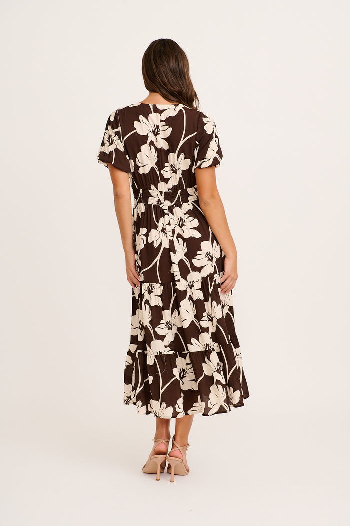 Extra Special Maxi Dress in Chocolate and Cream Floral back