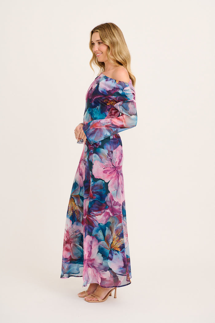 Dasha Maxi Off Shoulder Dress in Multi Pink Floral Chiffon side