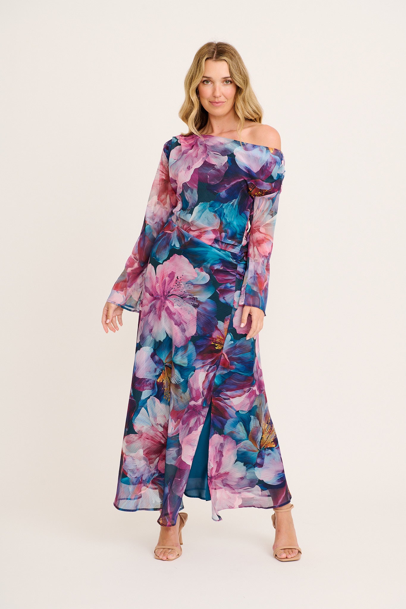 Dasha Maxi Off Shoulder Dress Multi Pink Floral Chiffon