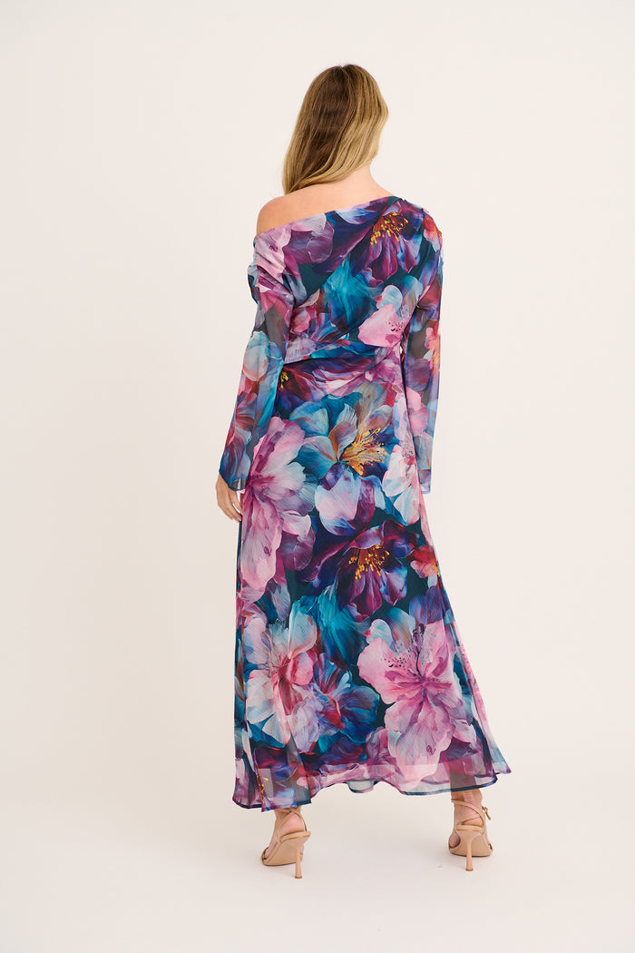 Dasha Maxi Off Shoulder Dress in Multi Pink Floral Chiffon back