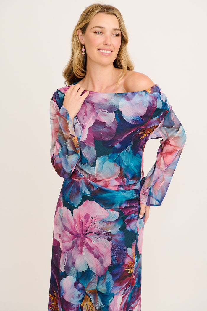 Dasha Maxi Off Shoulder Dress Multi Pink Floral Chiffon | St Frock Dasha Maxi Off Shoulder Dress Multi Pink Floral Chiffon | St Frock