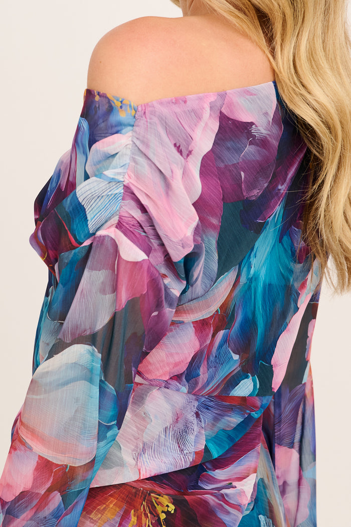 Dasha Maxi Off Shoulder Dress in Multi Pink Floral Chiffon detail