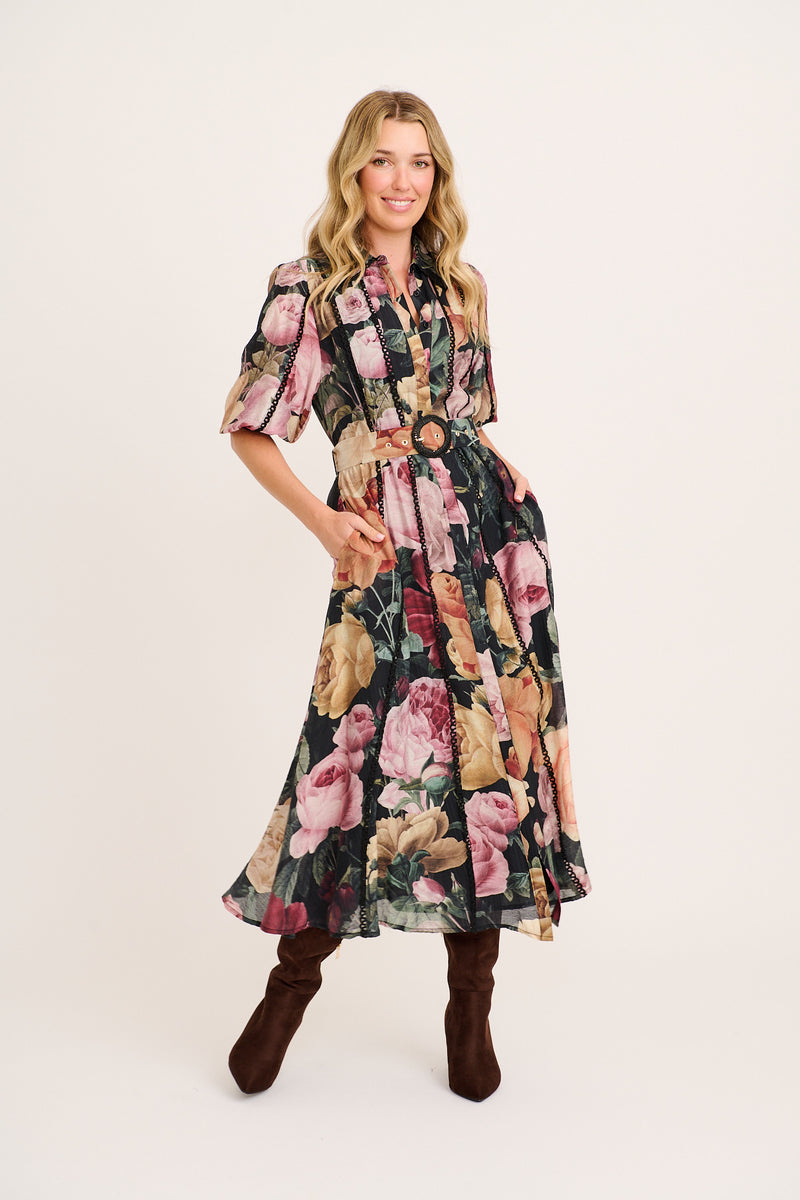 Alleviate Maxi Shirt Dress in Black with Multi Floral | St Frock