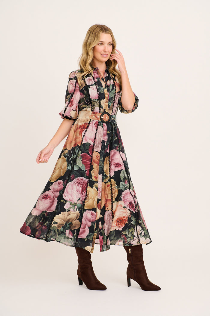 Alleviate Maxi Shirt Dress in Black with Multi Floral side