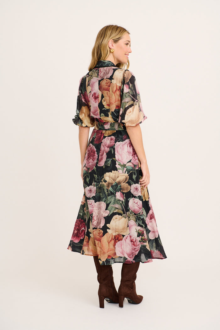 Alleviate Maxi Shirt Dress in Black with Multi Floral back
