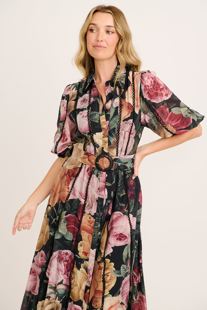 Alleviate Maxi Shirt Dress in Black with Multi Floral front