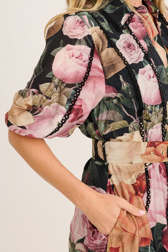 Alleviate Maxi Shirt Dress in Black with Multi Floral detail