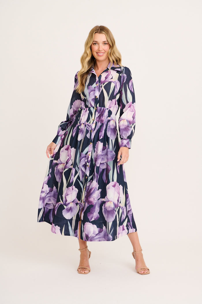 Jackie Maxi Shirt Dress in Black with Purple Floral Linen Blend full length