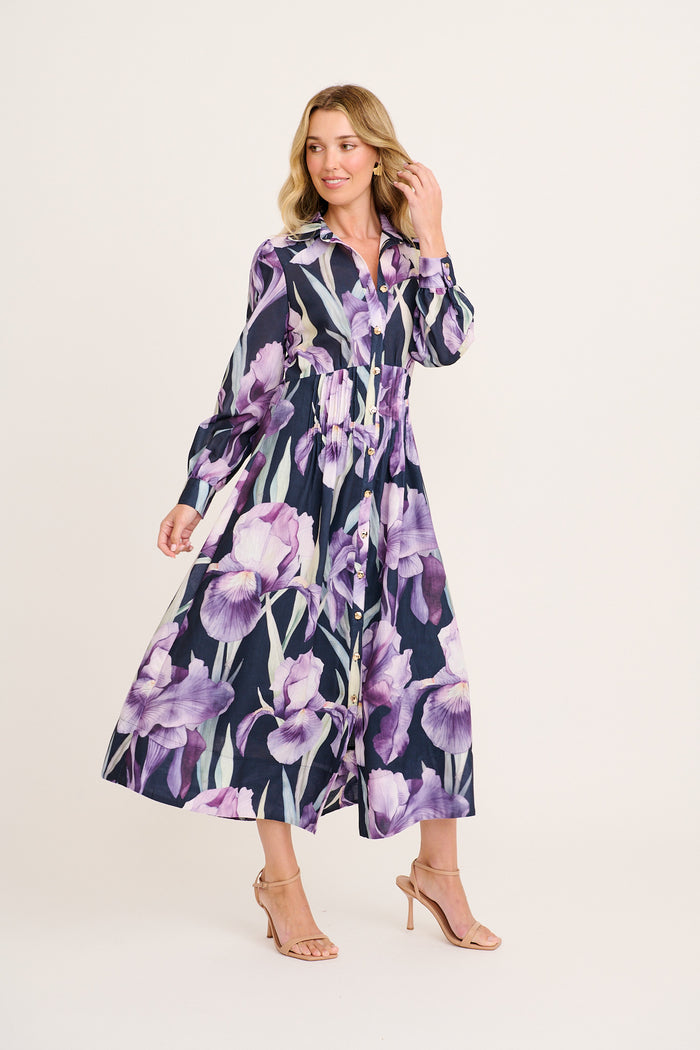 Jackie Maxi Shirt Dress in Black with Purple Floral Linen Blend side
