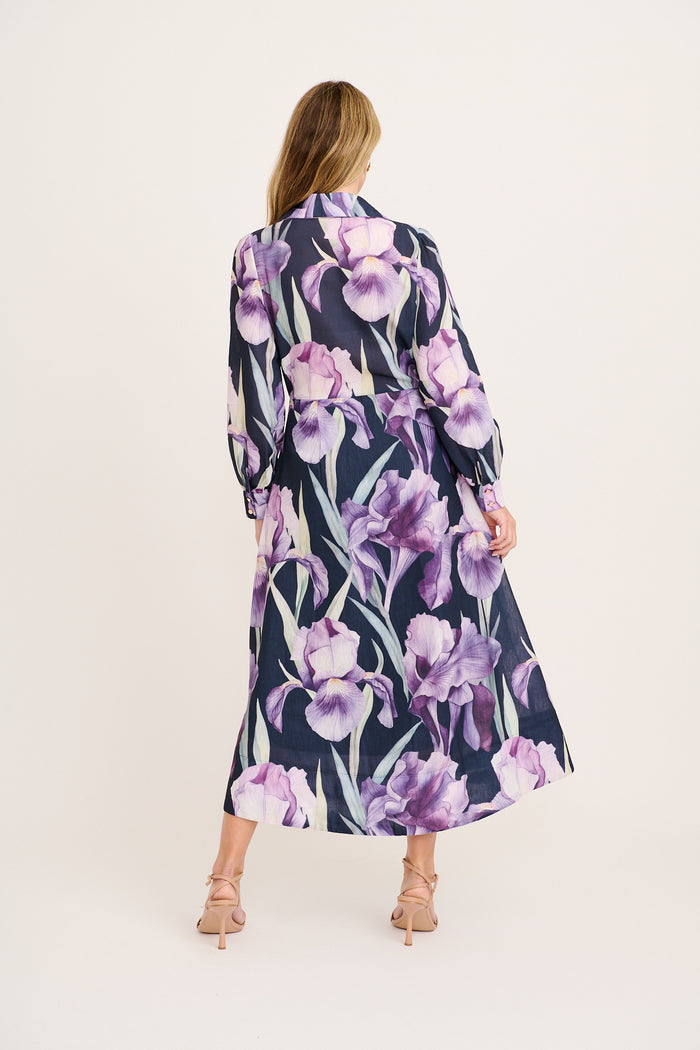 Jackie Maxi Shirt Dress in Black with Purple Floral Linen Blend back