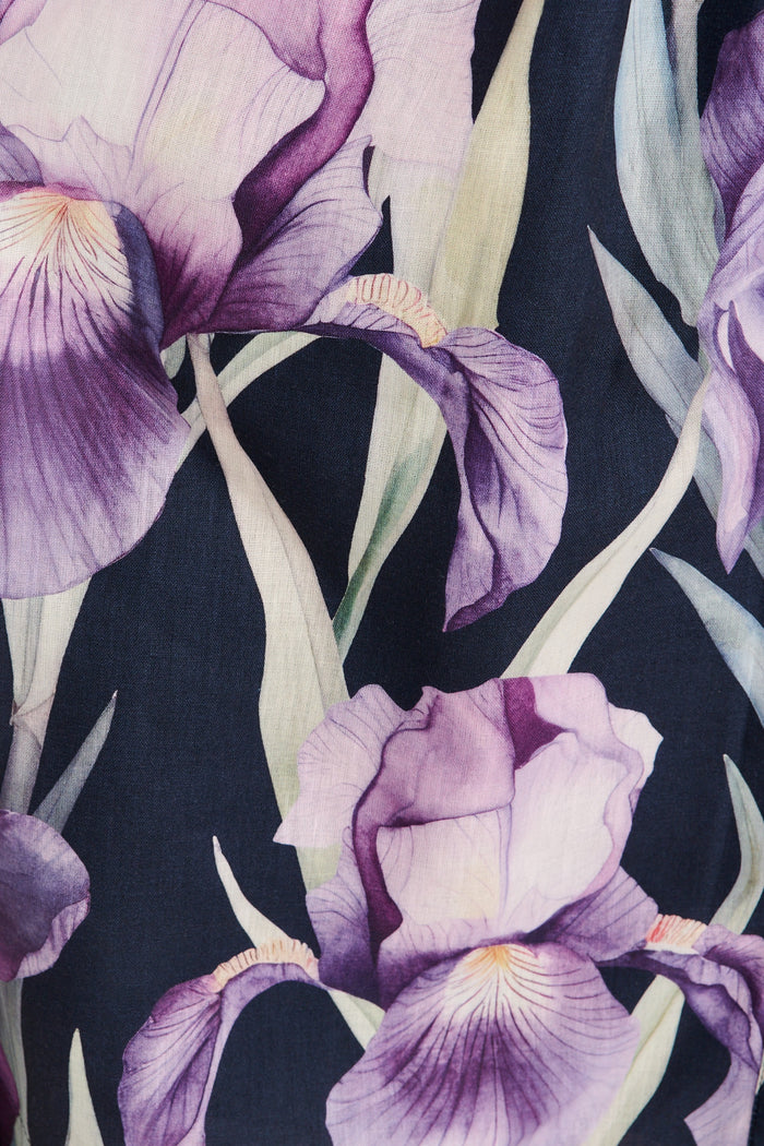 Jackie Maxi Shirt Dress in Black with Purple Floral Linen Blend fabric