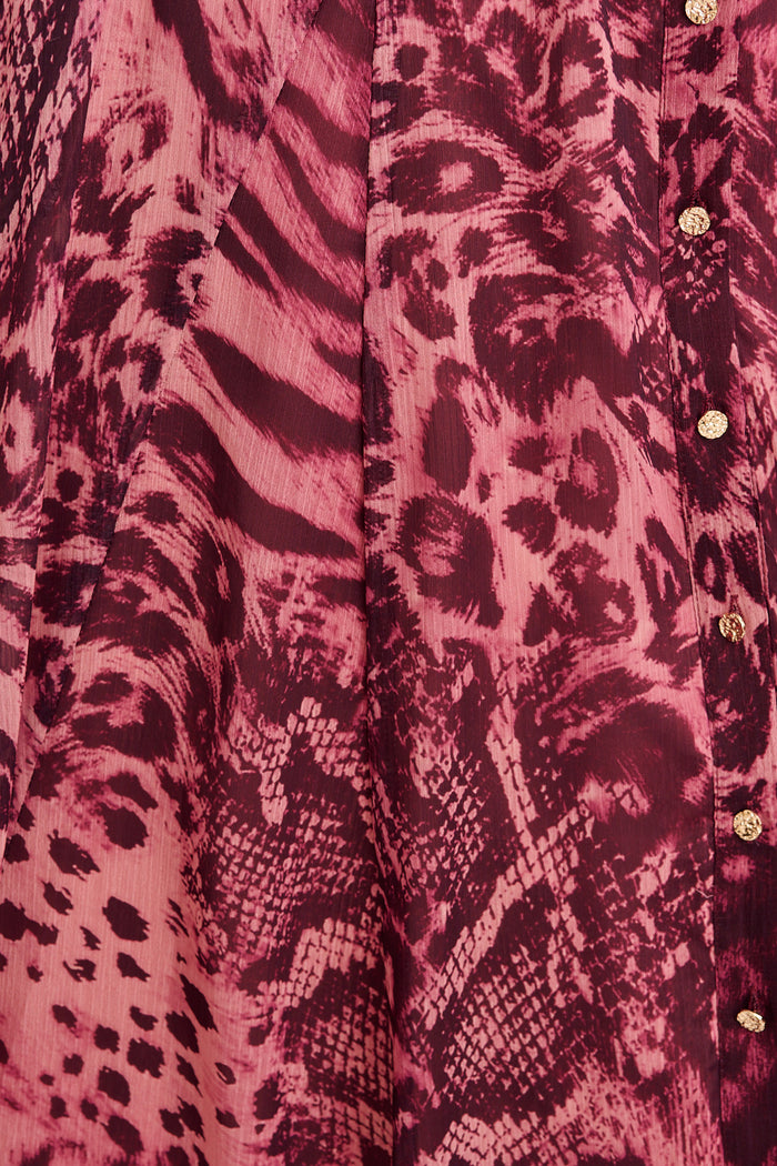 Aryanne Maxi Shirt Dress in Pink Leopard Chiffon fabric
