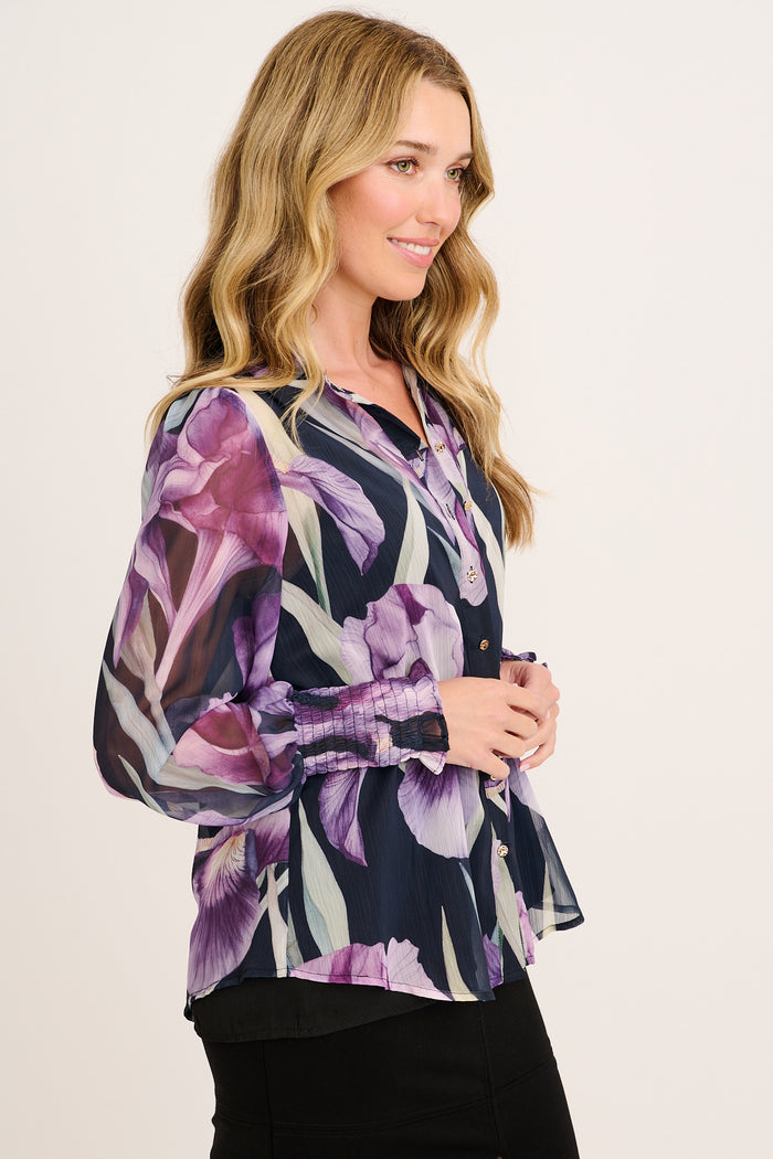 Servia Shirt in Black with Purple Floral Chiffon side