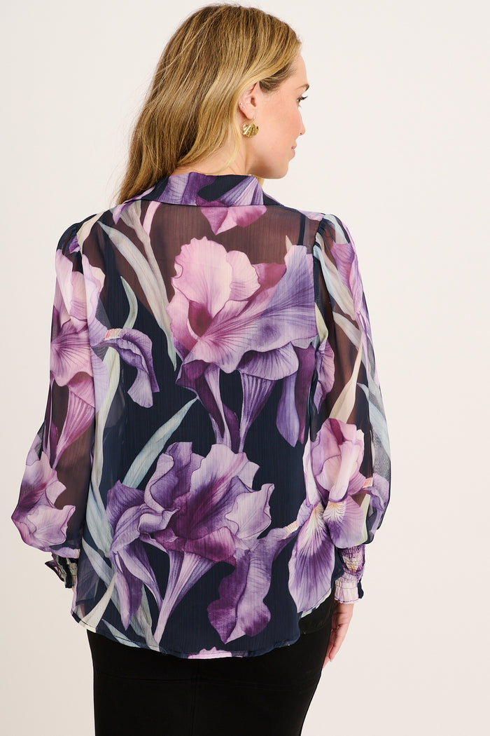 Servia Shirt in Black with Purple Floral Chiffon back