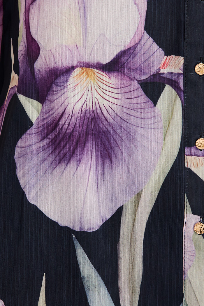 Servia Shirt in Black with Purple Floral Chiffon fabric