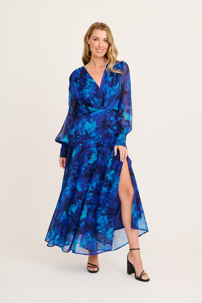 Martina Maxi Dress in Blue Watercolour Chiffon
