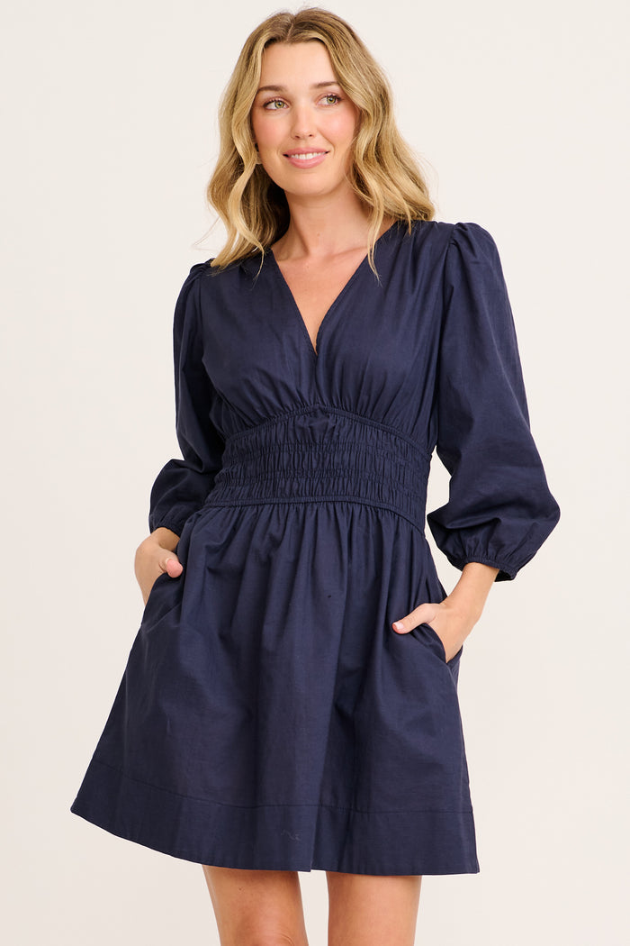 Shimmer Dress in Navy Cotton Linen front