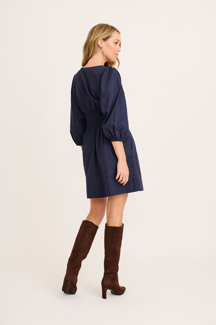 Shimmer Dress in Navy Cotton Linen back