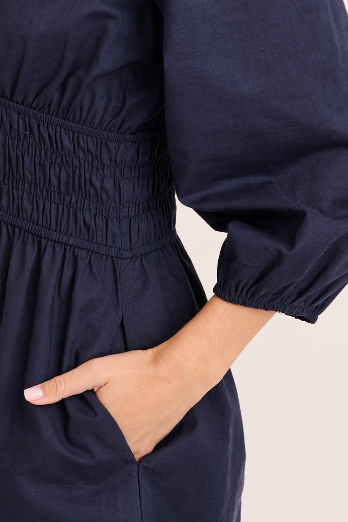 Shimmer Dress in Navy Cotton Linen fabric