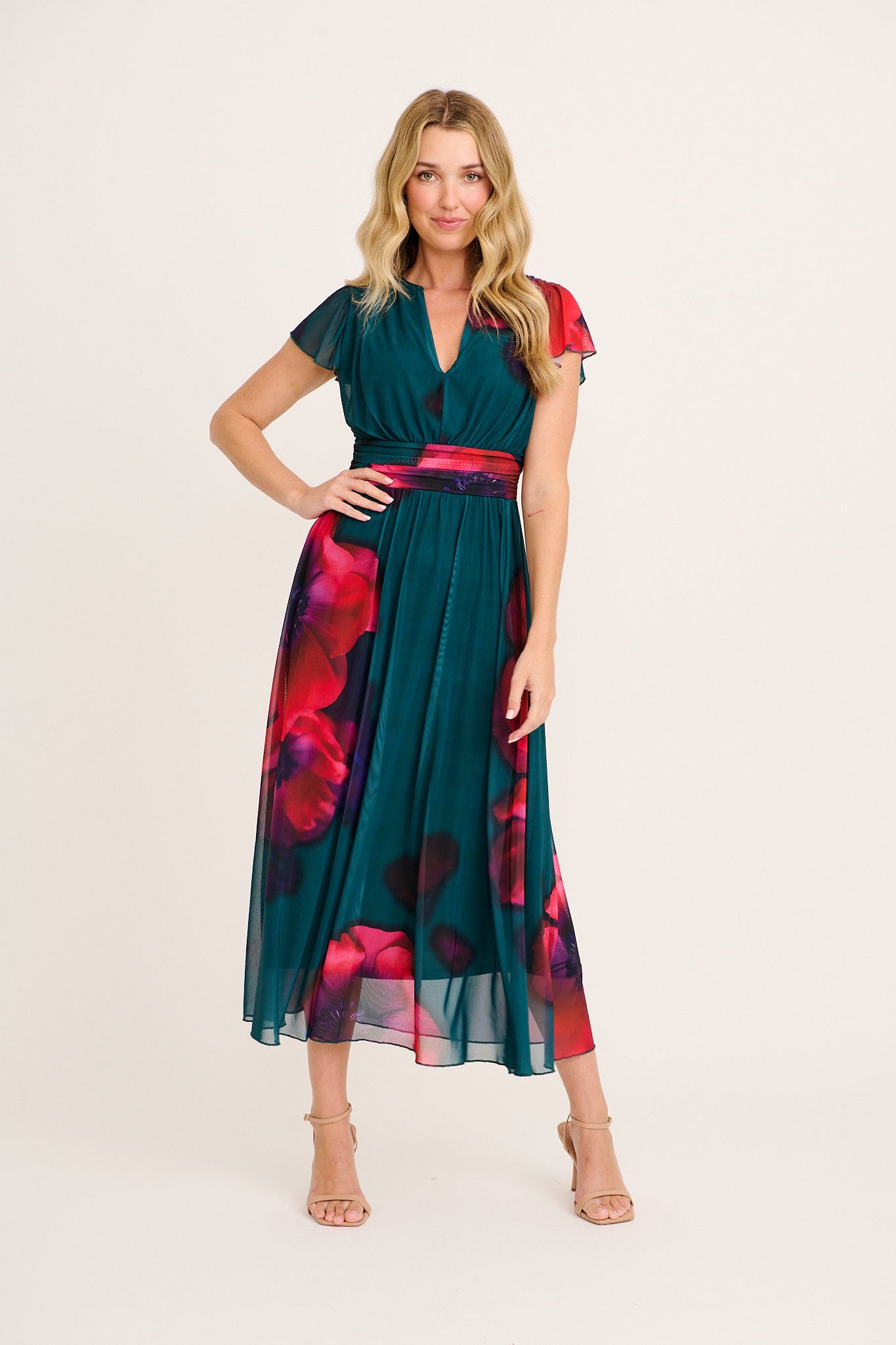 Love Letters Maxi Dress in Emerald with Pink Floral Mesh full length