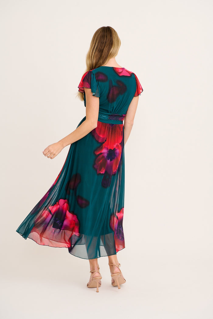 Love Letters Maxi Dress in Emerald with Pink Floral Mesh back