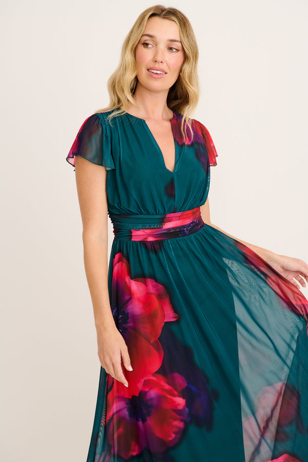 Love Letters Maxi Dress Emerald Pink Floral Mesh | St Frock