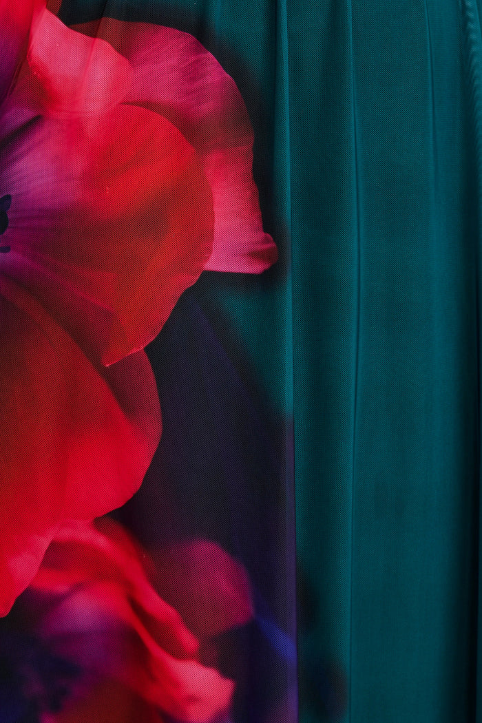 Love Letters Maxi Dress in Emerald with Pink Floral Mesh fabric