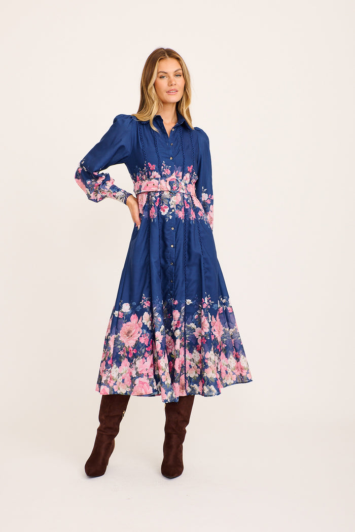 Sora Maxi Shirt Dress in Navy with Pink Floral Cotton Blend full length