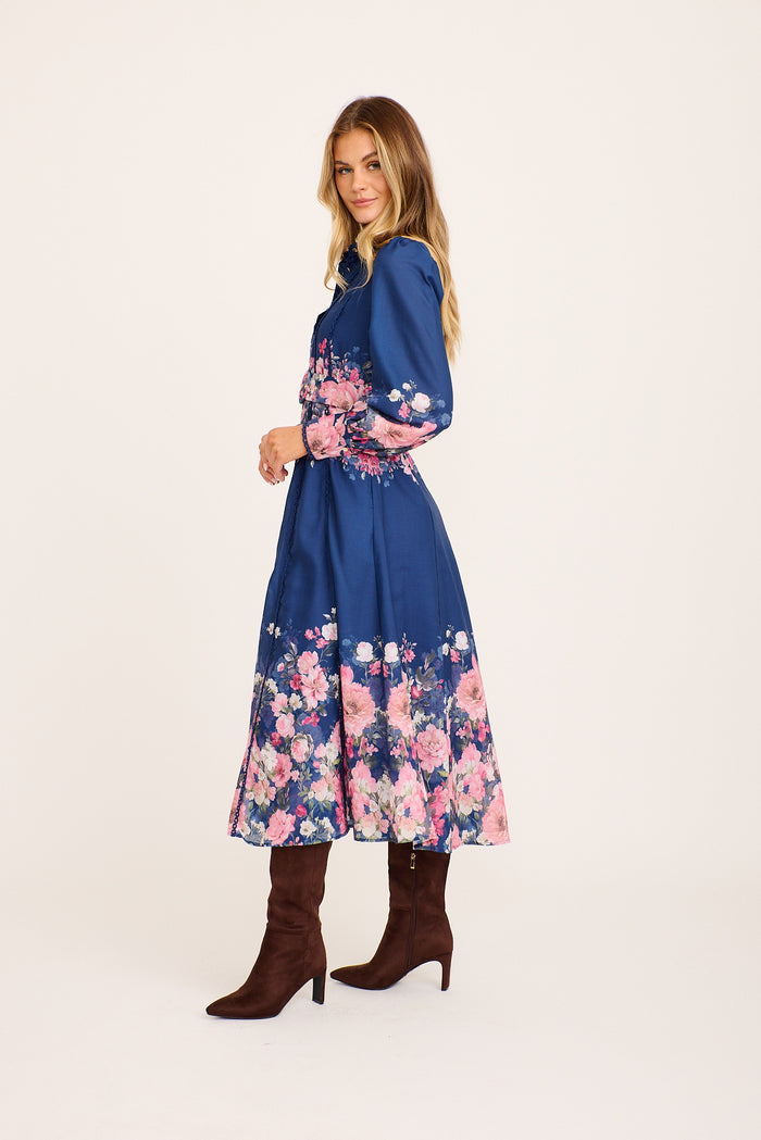Sora Maxi Shirt Dress in Navy with Pink Floral Cotton Blend side
