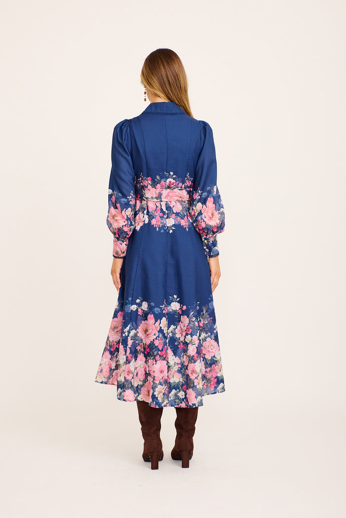Sora Maxi Shirt Dress in Navy with Pink Floral Cotton Blend back