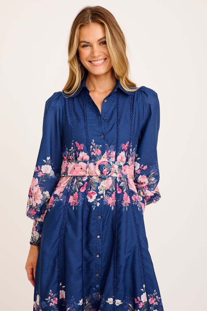 Sora Maxi Shirt Dress in Navy with Pink Floral Cotton Blend front