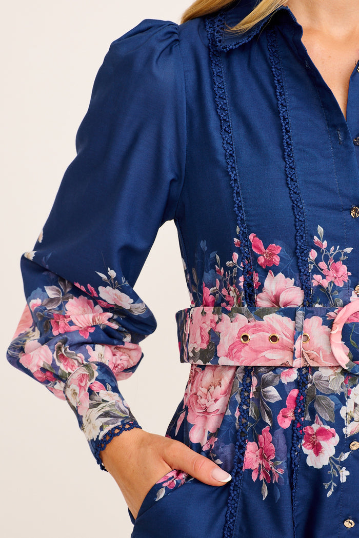 Sora Maxi Shirt Dress in Navy with Pink Floral Cotton Blend detail