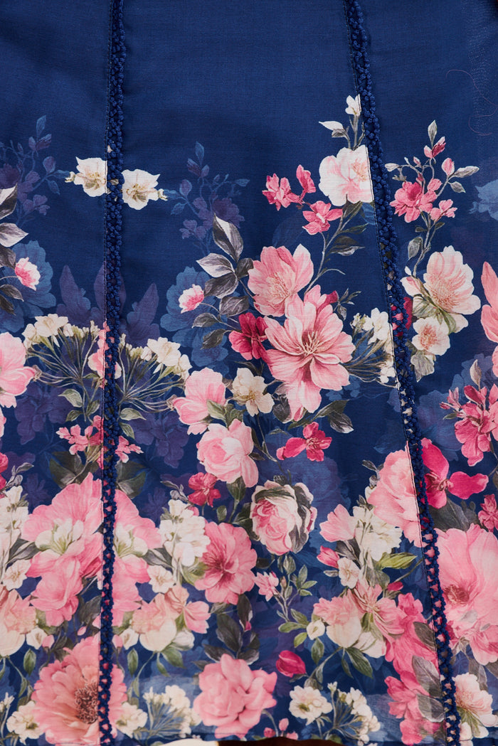 Sora Maxi Shirt Dress in Navy with Pink Floral Cotton Blend fabric