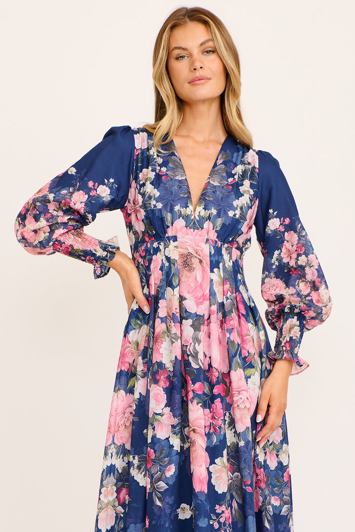 Azzura Maxi Dress in Navy with Pink Floral Cotton Blend front