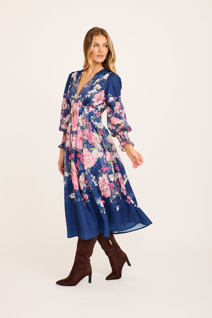 Azzura Maxi Dress in Navy with Pink Floral Cotton Blend side