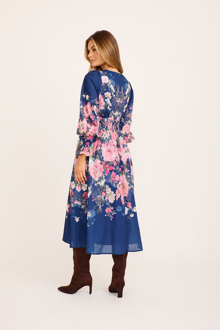 Azzura Maxi Dress in Navy with Pink Floral Cotton Blend back