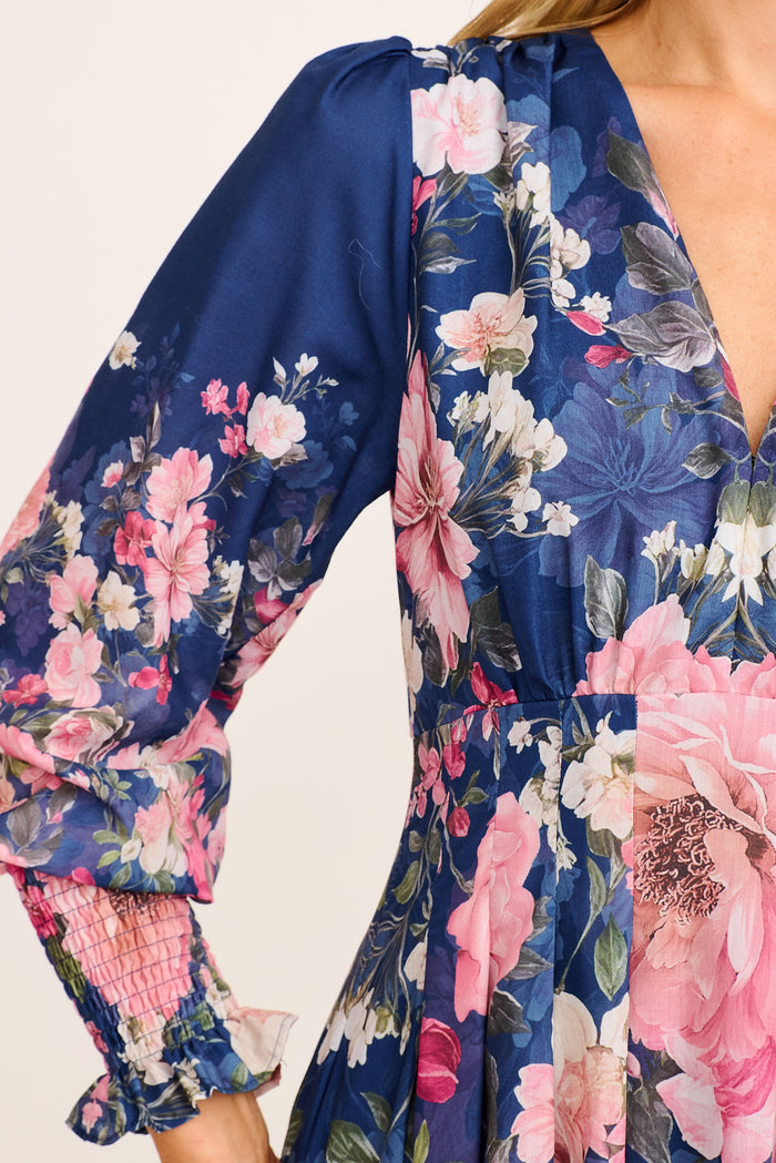 Azzura Maxi Dress in Navy with Pink Floral Cotton Blend detail