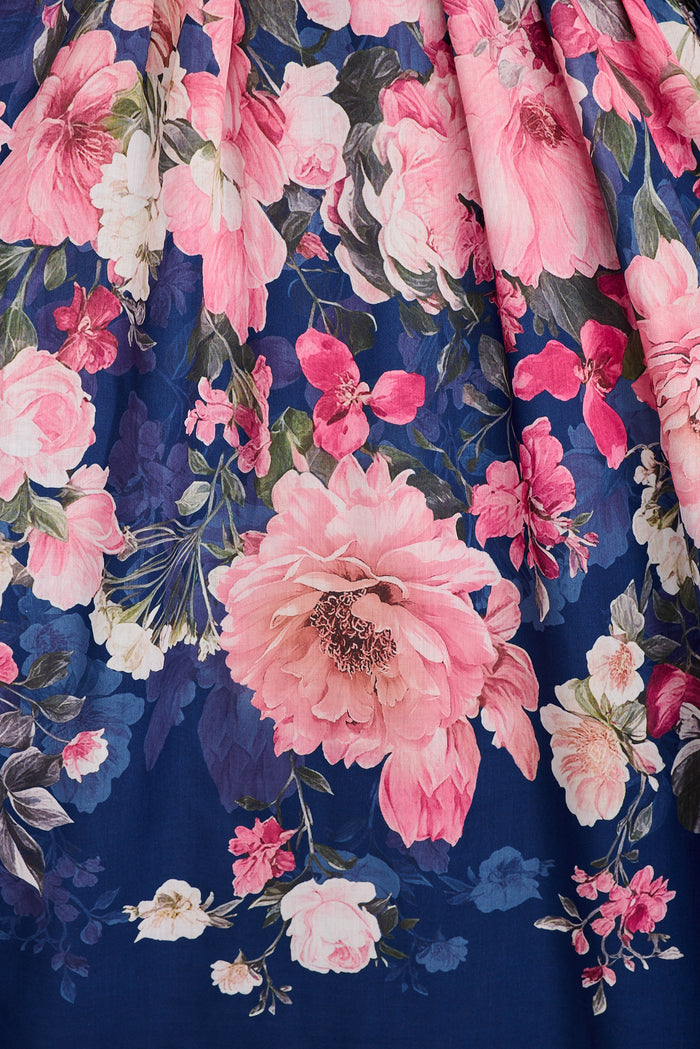 Azzura Maxi Dress in Navy with Pink Floral Cotton Blend fabric