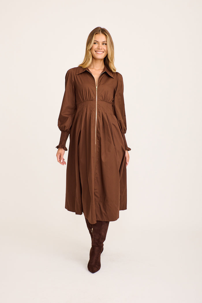 Charisse Midi Zip Dress in Chocolate Cotton full length