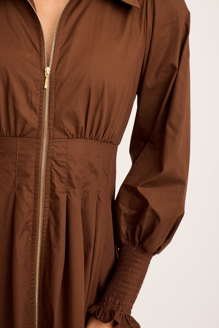 Charisse Midi Zip Dress in Chocolate Cotton detail