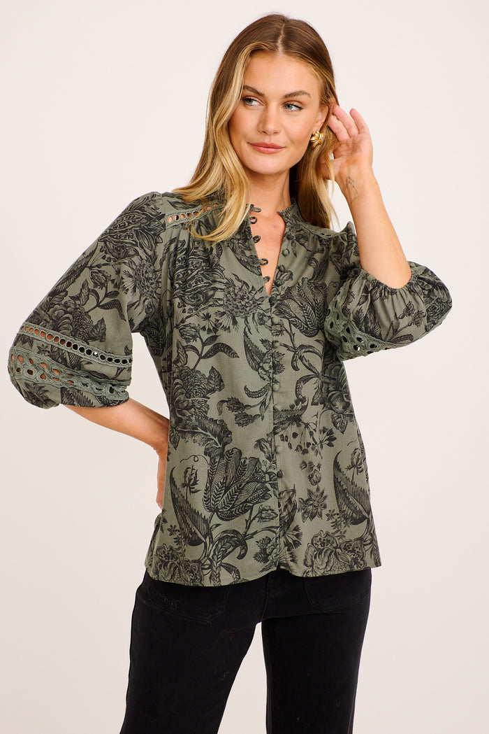 PRE ORDER Cascades Top in Green with Black Leaf Cotton Linen front