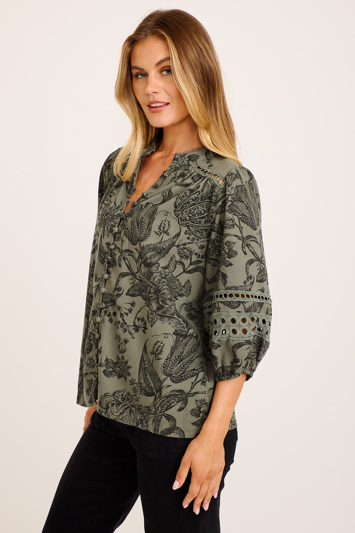 PRE ORDER Cascades Top in Green with Black Leaf Cotton Linen side