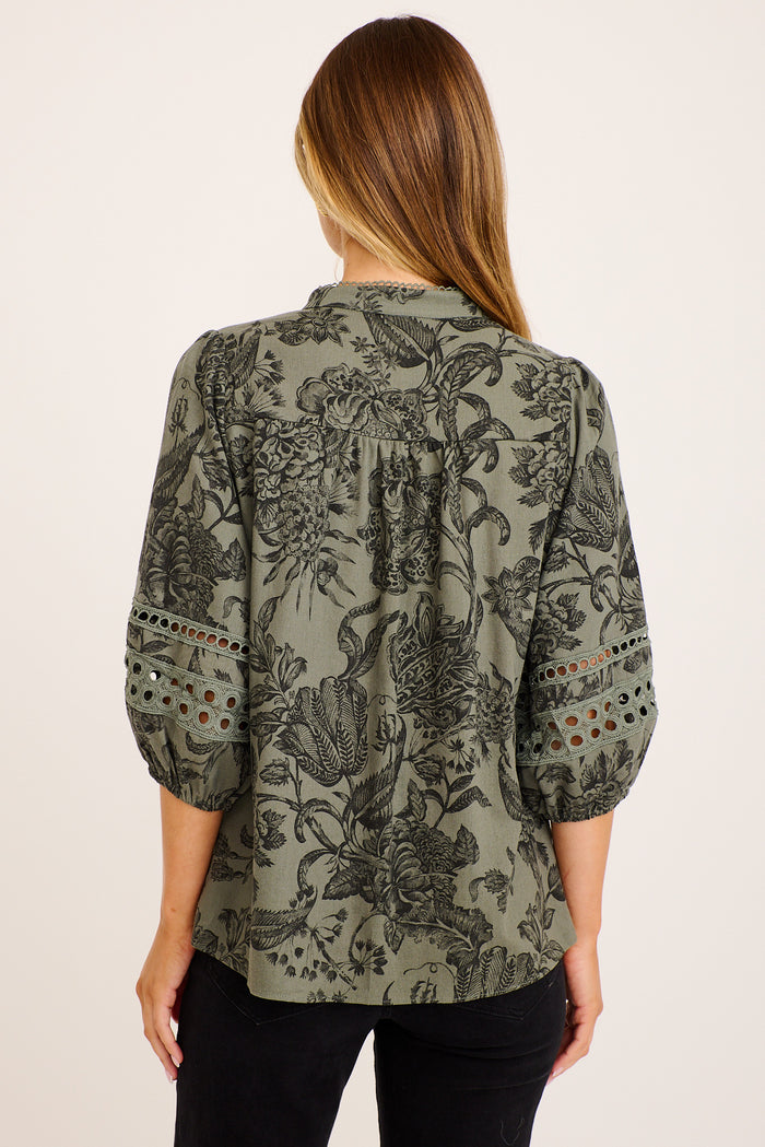 PRE ORDER Cascades Top in Green with Black Leaf Cotton Linen back