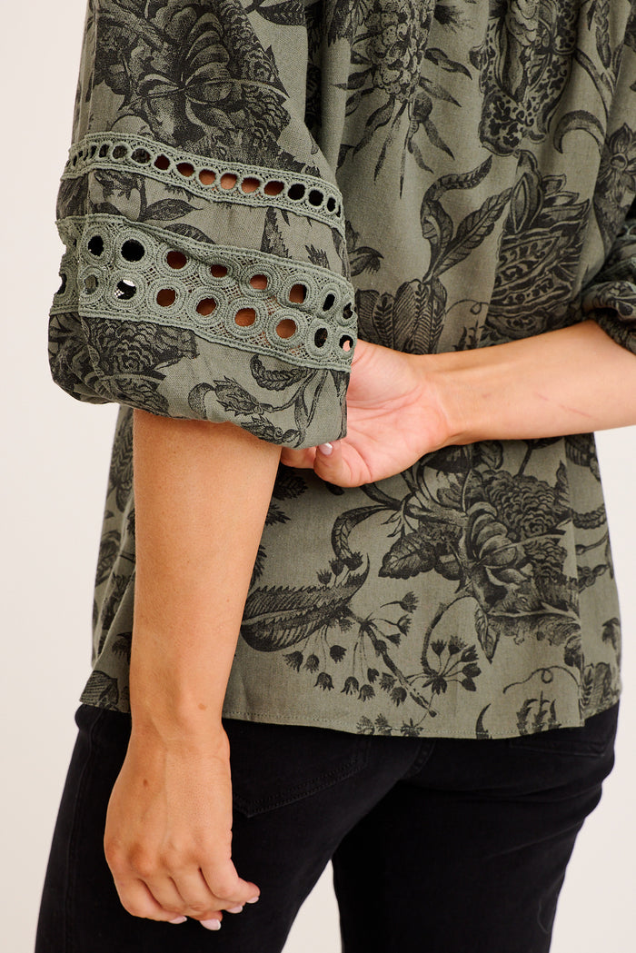 PRE ORDER Cascades Top in Green with Black Leaf Cotton Linen detail