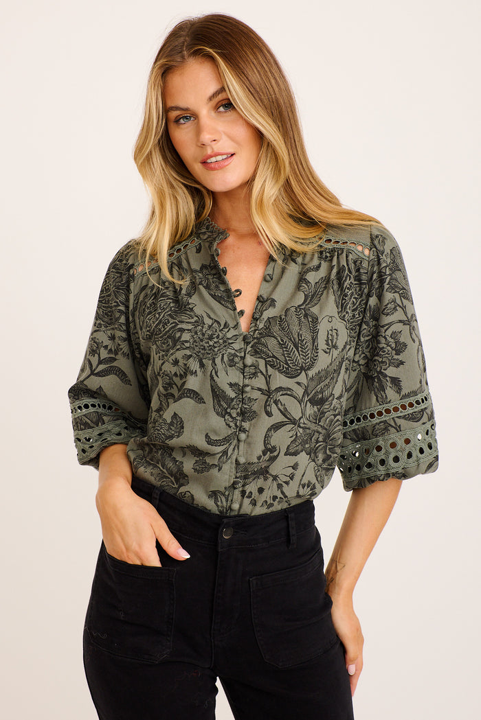 PRE ORDER Cascades Top in Green with Black Leaf Cotton Linen front
