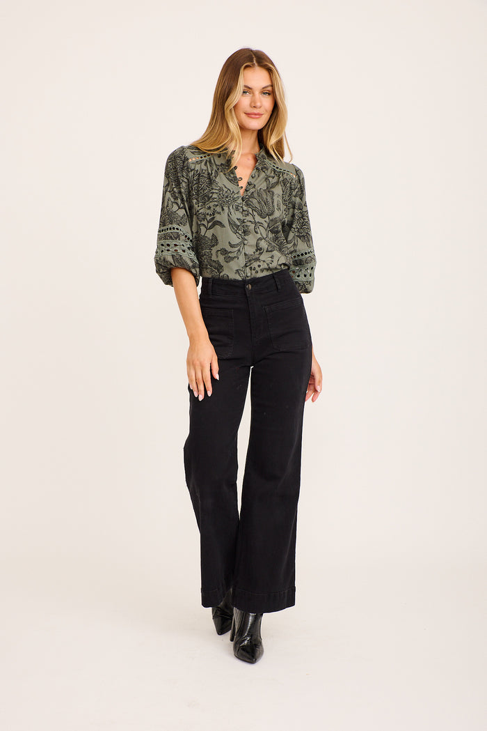 PRE ORDER Cascades Top in Green with Black Leaf Cotton Linen full length