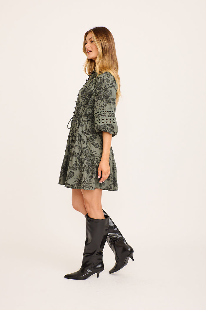 Daze Dress in Green with Black Leaf Cotton Linen side