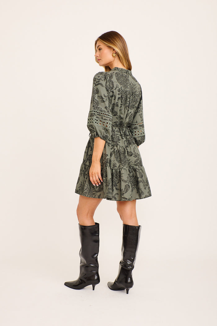 Daze Dress in Green with Black Leaf Cotton Linen back